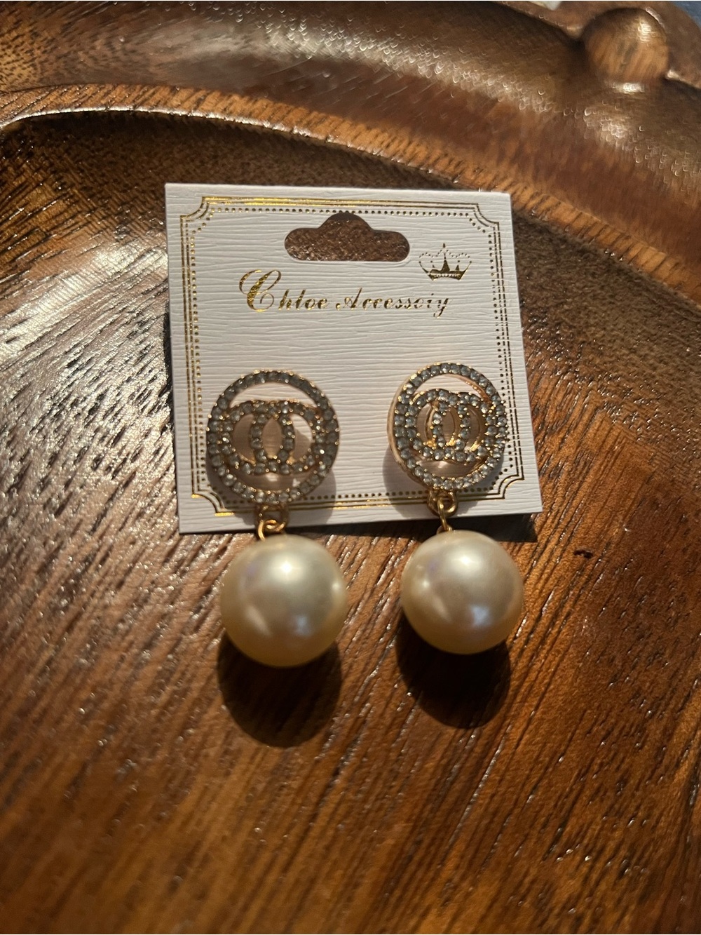 Chloe Gold-Tone Crystal Logo Drop Earrings with Pearl Drops